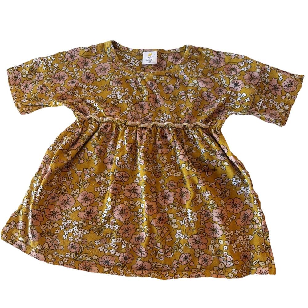 Mustard Yellow Floral Toddler Tunic | Ruffle Waist Short Sleeve